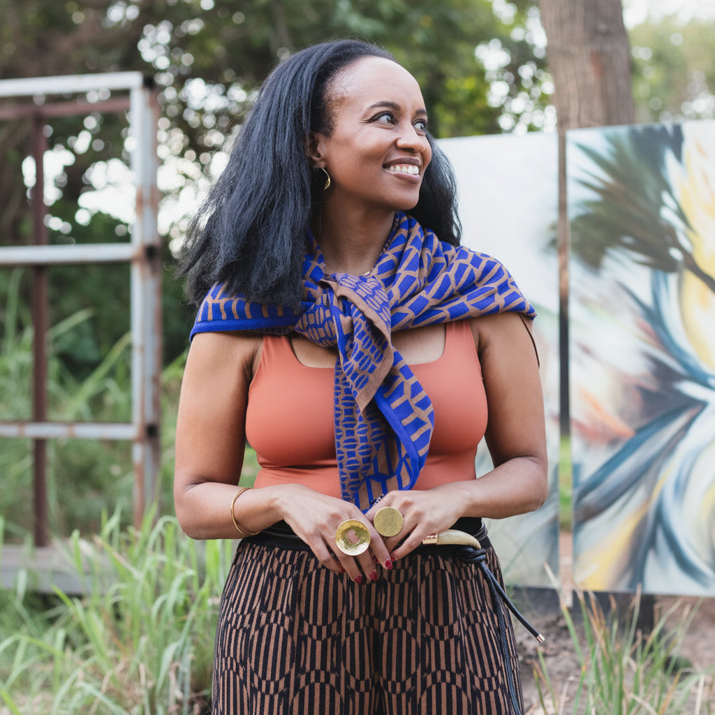 Woman wearing a blue patterned scarf 
outdoors