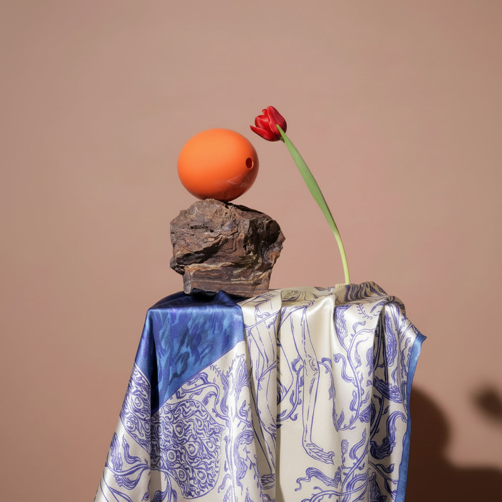 A styled still life featuring a bright orange sphere resting on a rough dark brown rock, with a single red tulip stem leaning against the rock. The arrangement is set against a solid warm beige background and draped with a blue and white patterned silk fabric.