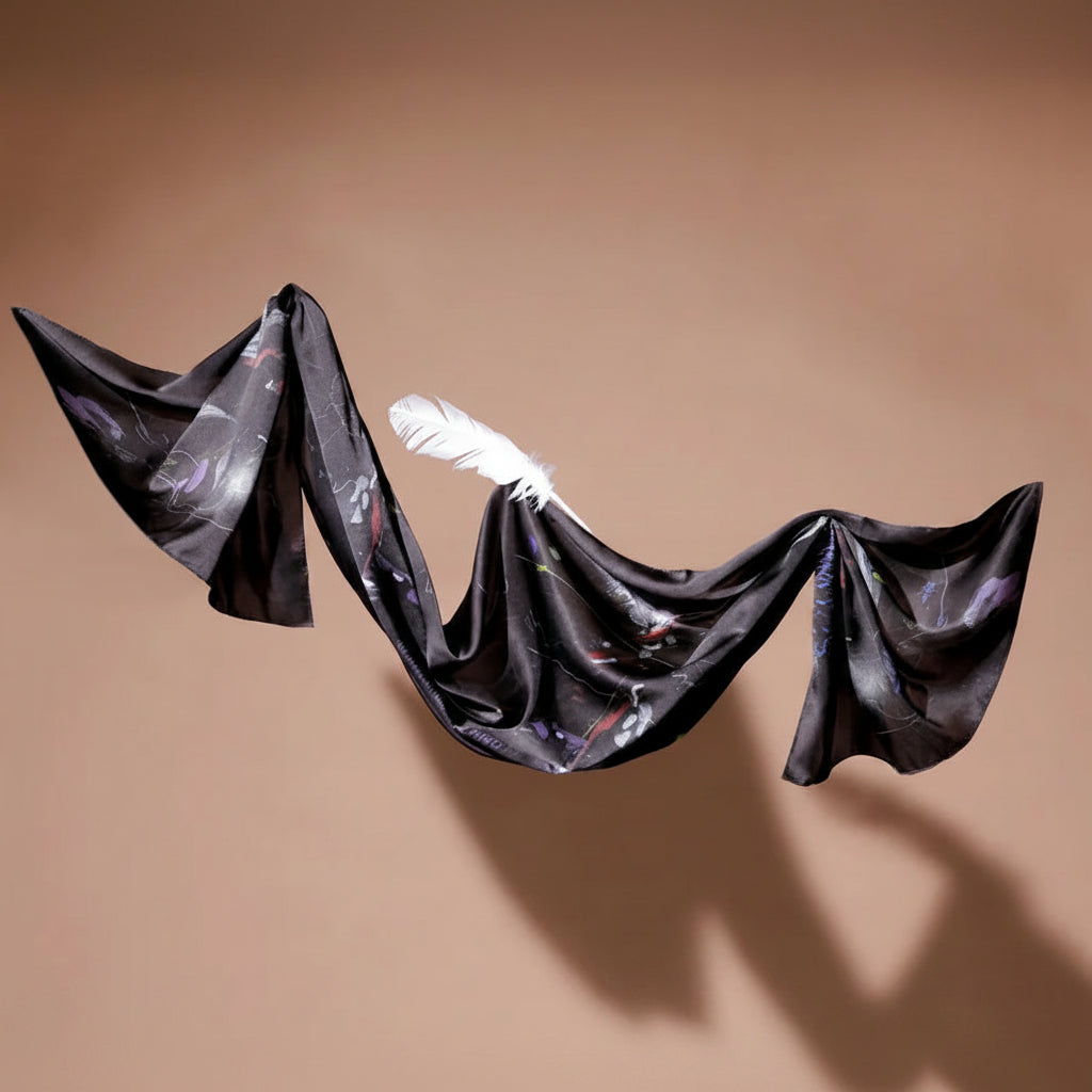 A black satin scarf with a subtle abstract print, draped elegantly against a solid warm brown background, featuring a white feather accent on one end.