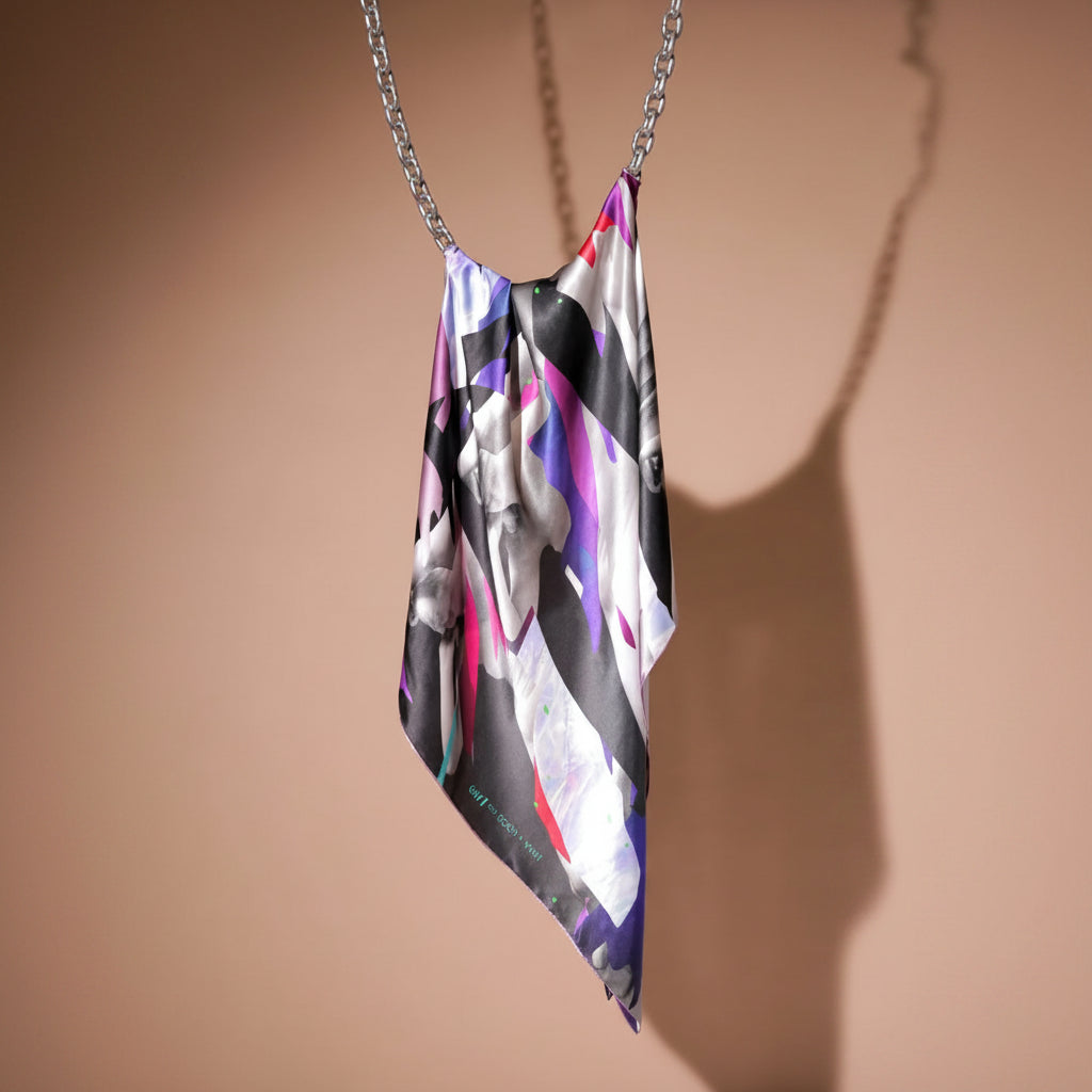 A draped silk scarf with an abstract graphic print featuring a stylized face, hanging against a solid warm beige background.