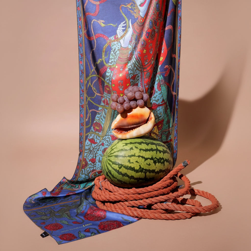 A styled still life featuring a draped silk scarf with a red, blue, and gold dragon pattern, arranged with a whole watermelon, a cut watermelon half, dark grapes, a seashell, and a coiled orange rope on a beige background.