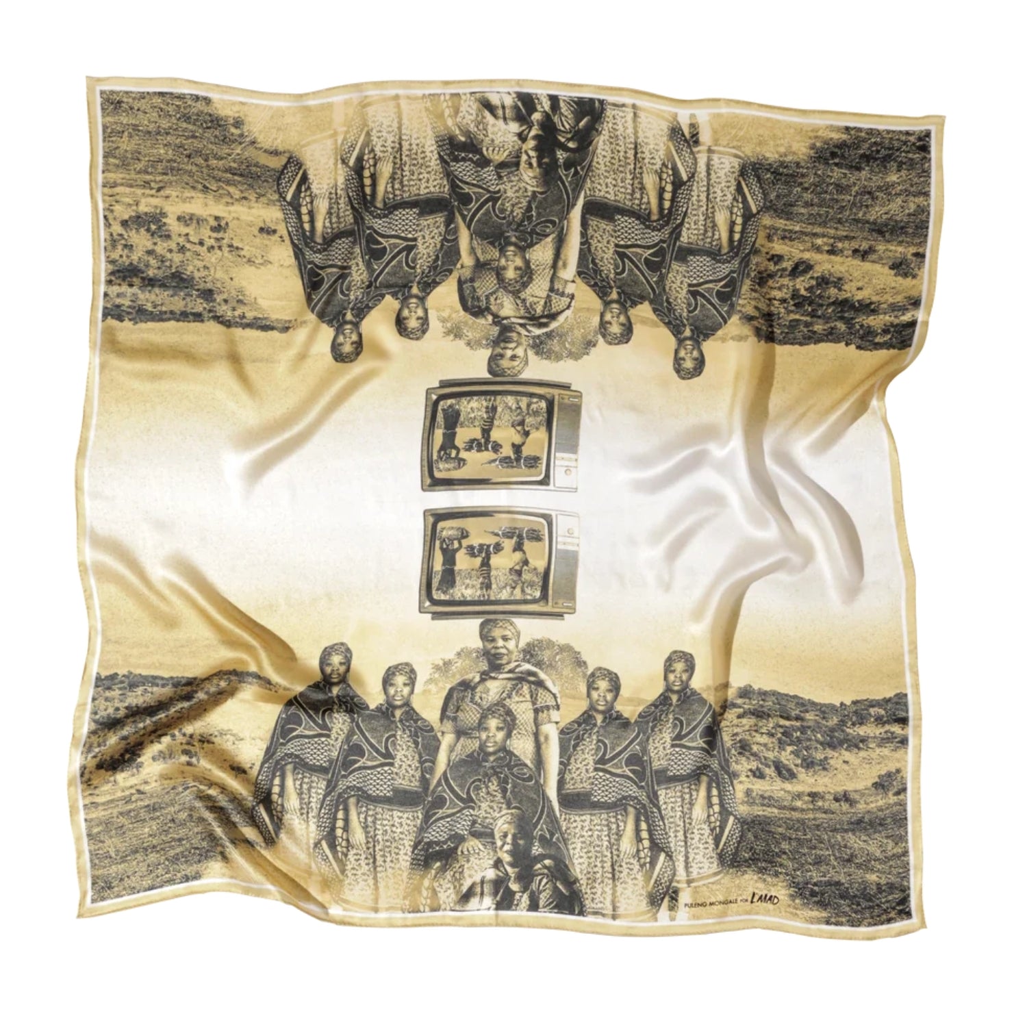 A square silk scarf with a vintage, surreal collage print featuring Basotho women's traditional attire, vintage television sets, and a gold-toned silk satin.