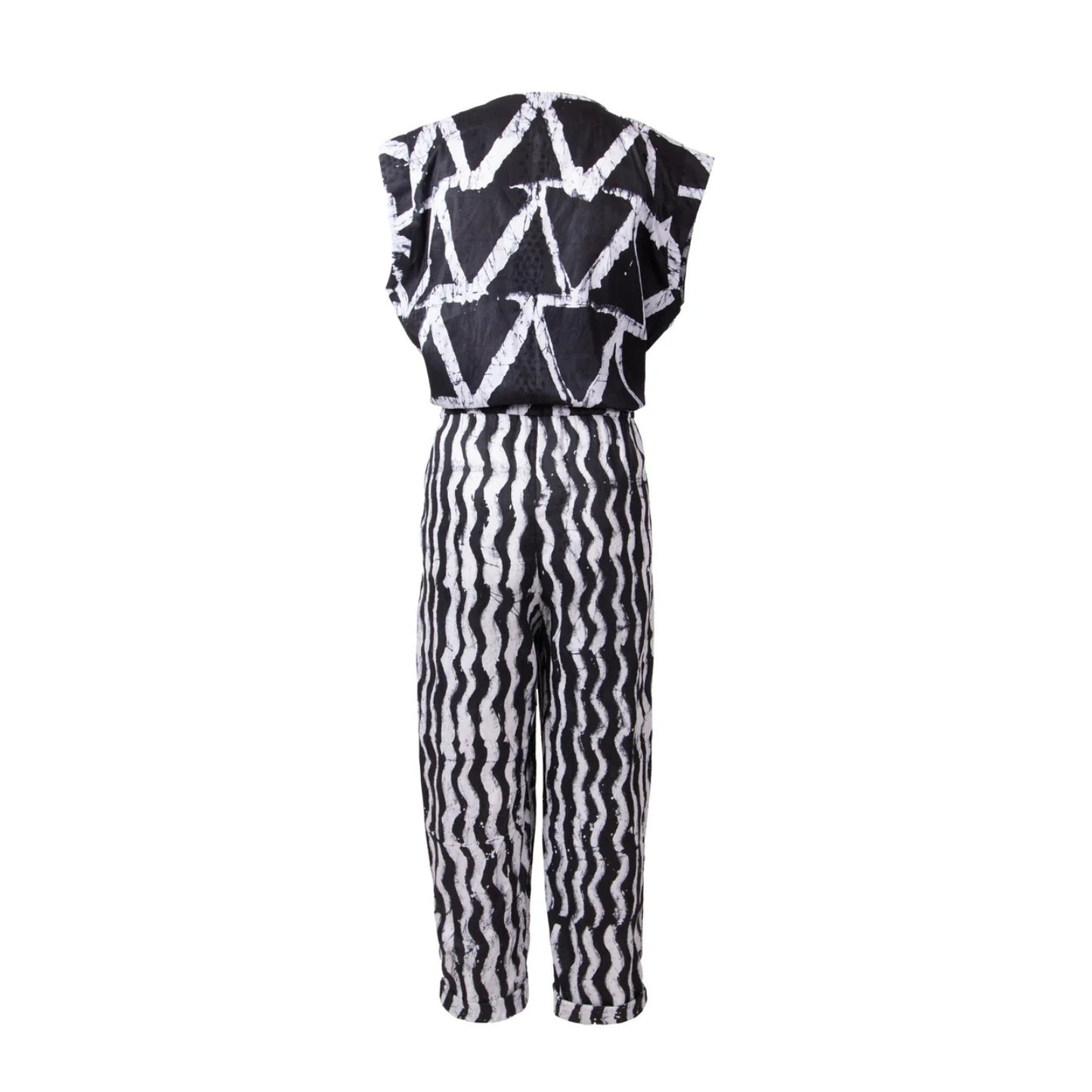 A sleeveless black and white patterned Jumpsuit with a synched waist, shown from the back on a plain white background.