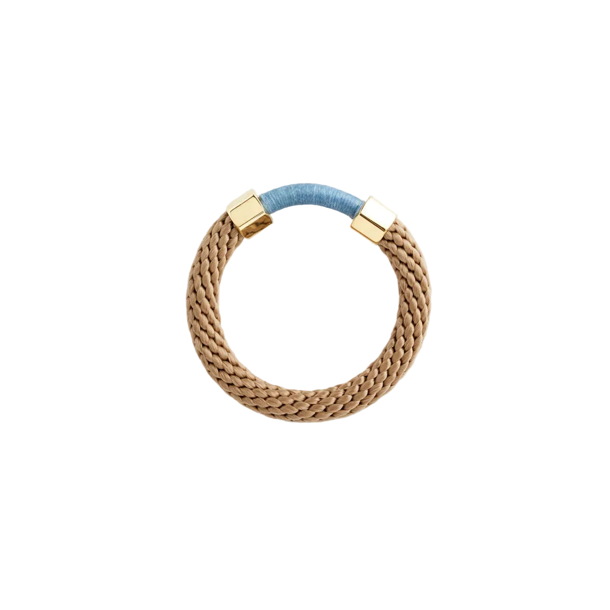 Bracelet with gold clasp and blue accent on a white background