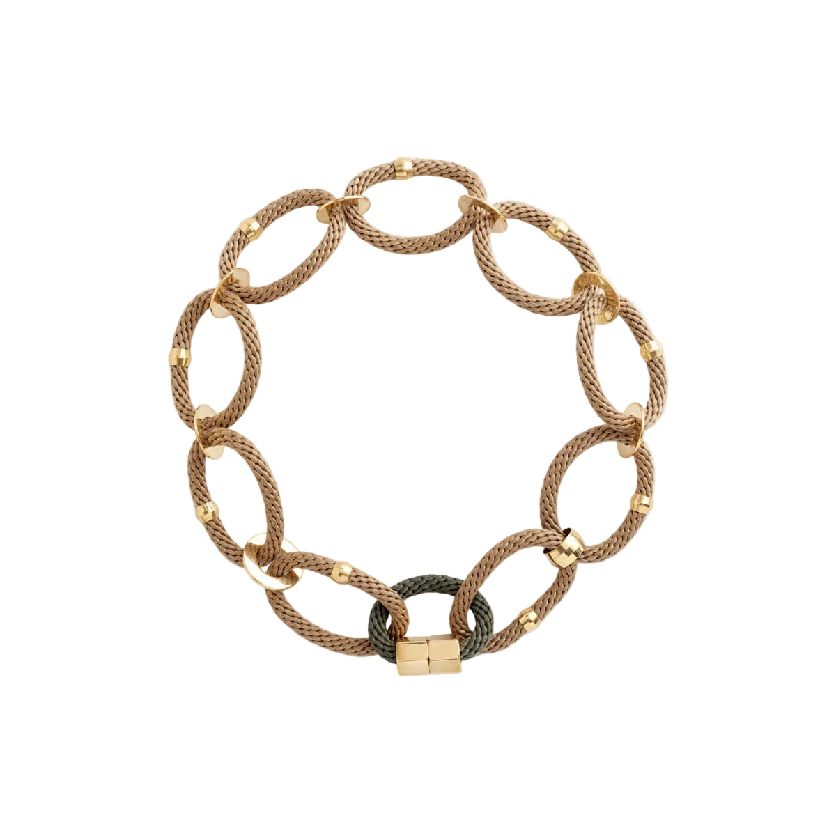 A beige olive-colored necklace with gold-tone brass accents and rope combinations, featuring brass end clasps.