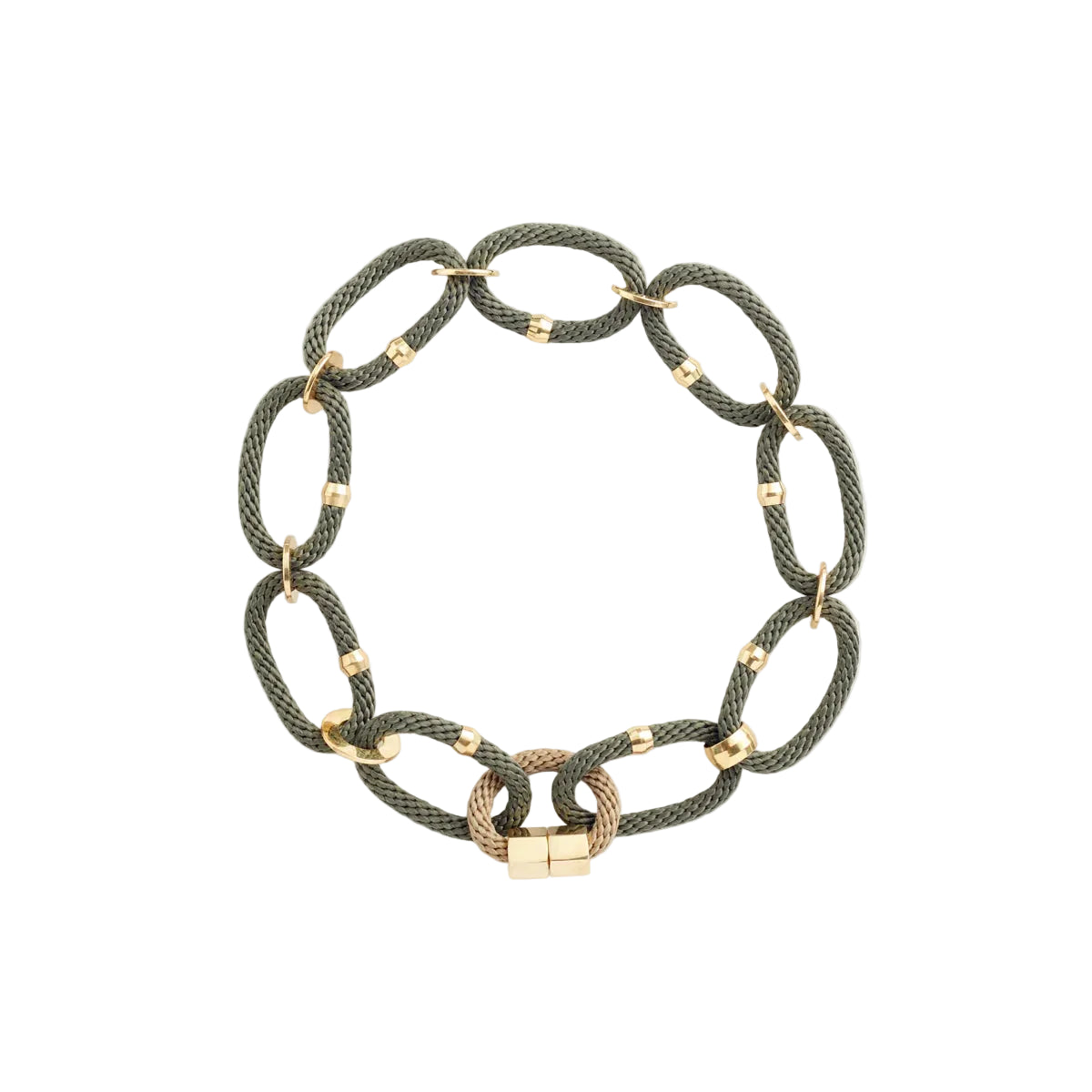 Woven necklace with gold and brass bead links on a light background