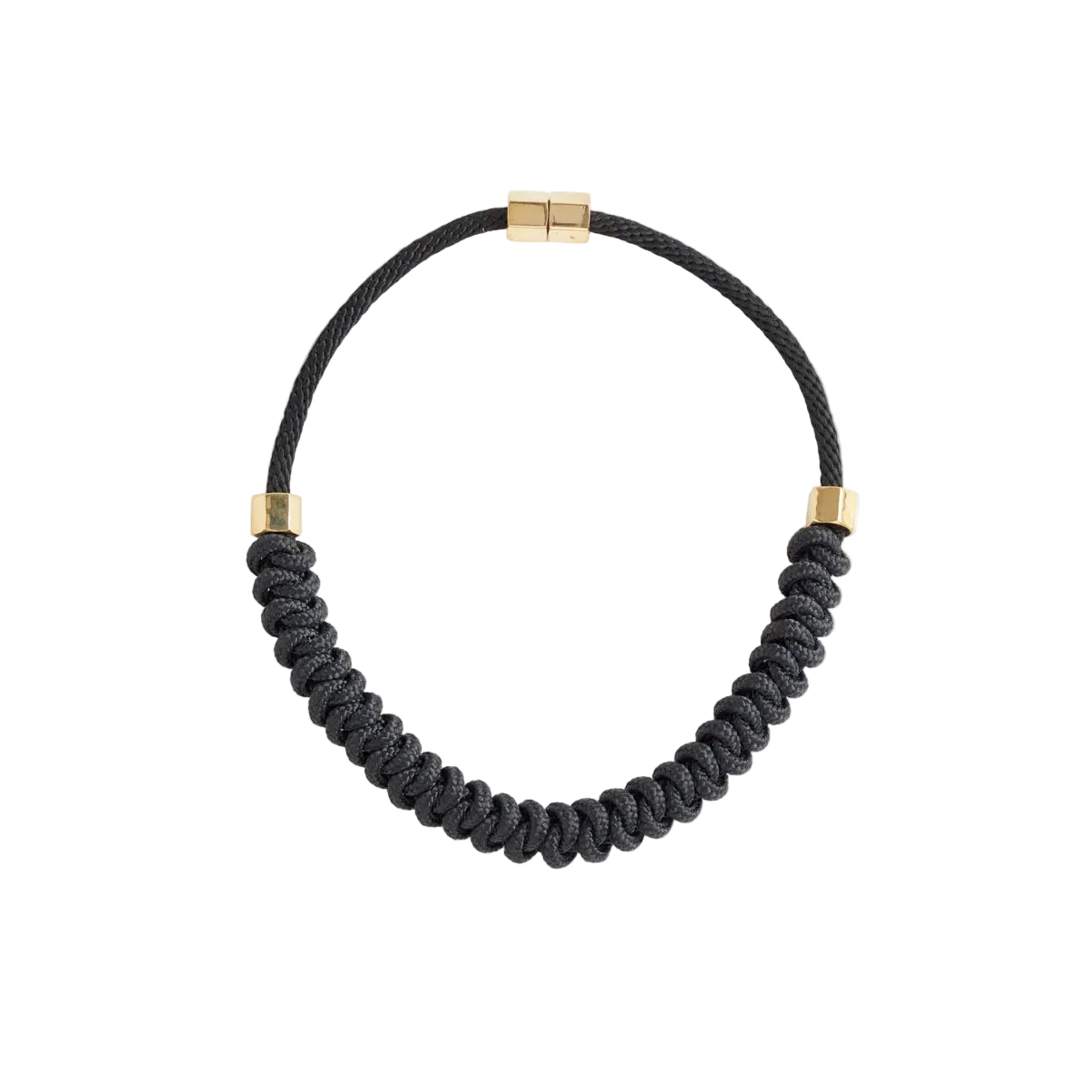 Black braided necklace with gold accents on a white background