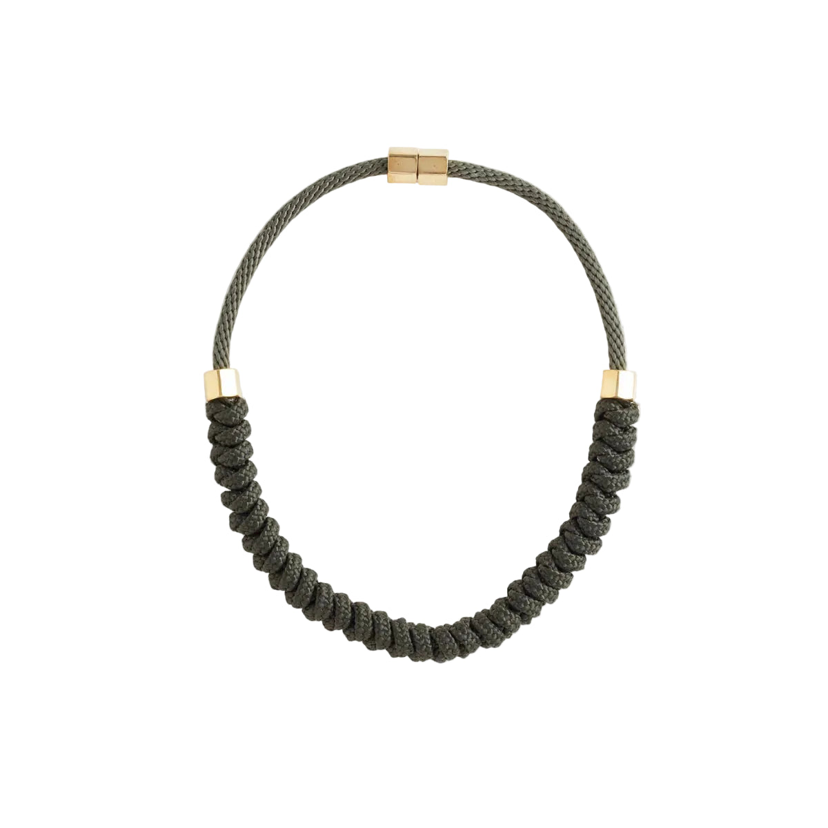 Olive green braided necklace with gold accents on a white background