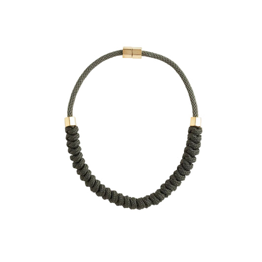 Olive green braided necklace with gold accents on a white background