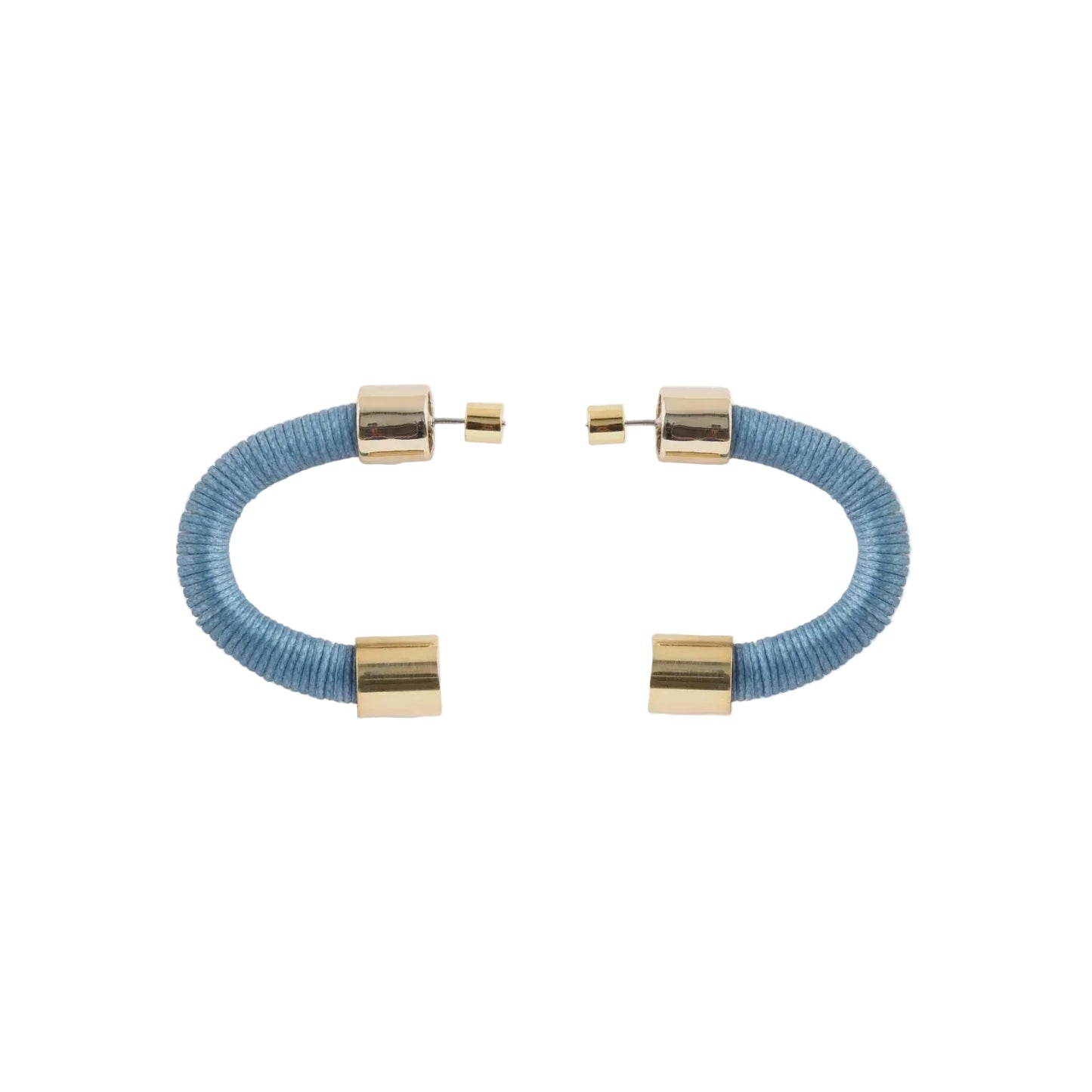 A pair of open cuff bracelets featuring textured light blue cord wrapped inside polished gold-tone metal tubes, displayed on a clean white background.