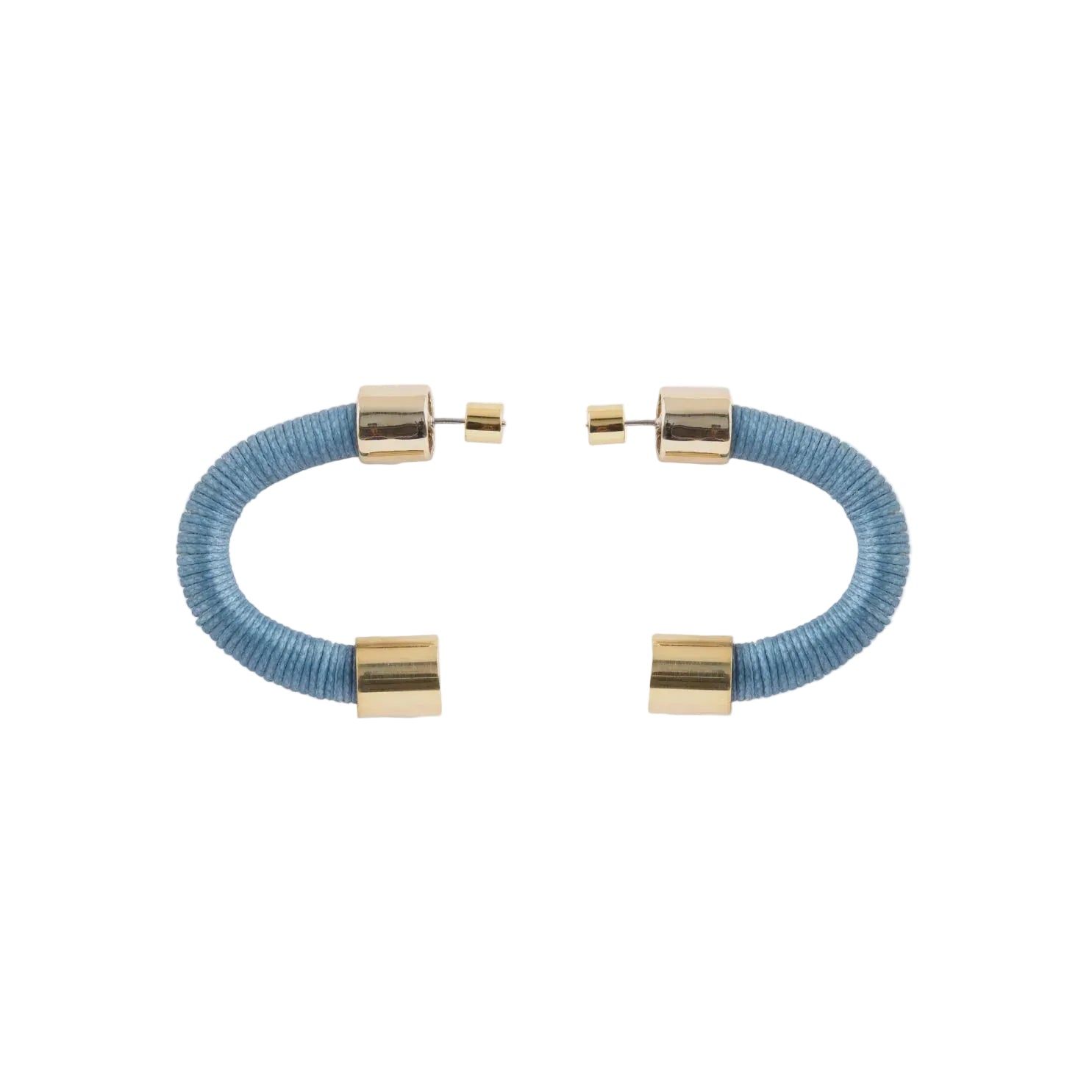 A pair of open cuff bracelets featuring textured light blue cord wrapped inside polished gold-tone metal tubes, displayed on a clean white background.
