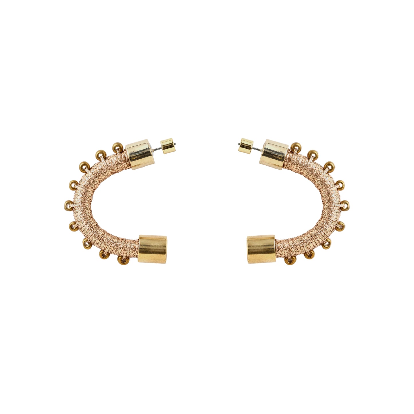 A pair of gold-toned hoop earrings with a textured woven band and small bead accents, displayed on a clean white background.