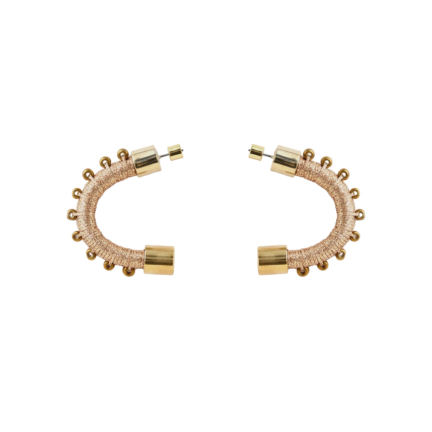 A pair of gold-toned hoop earrings with a textured woven band and small bead accents, displayed on a clean white background.