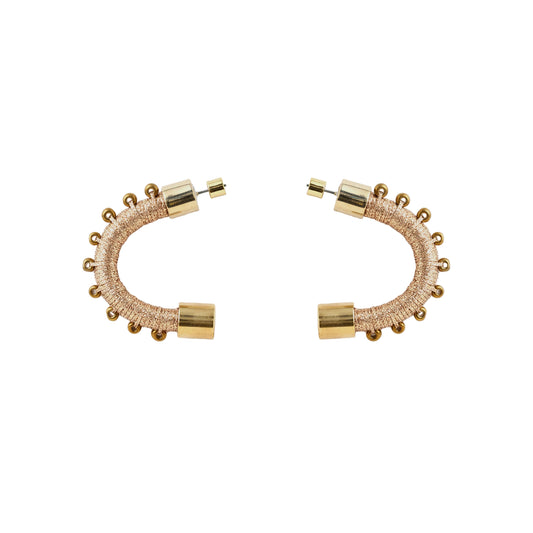 A pair of gold-toned hoop earrings with a textured woven band and small bead accents, displayed on a clean white background.