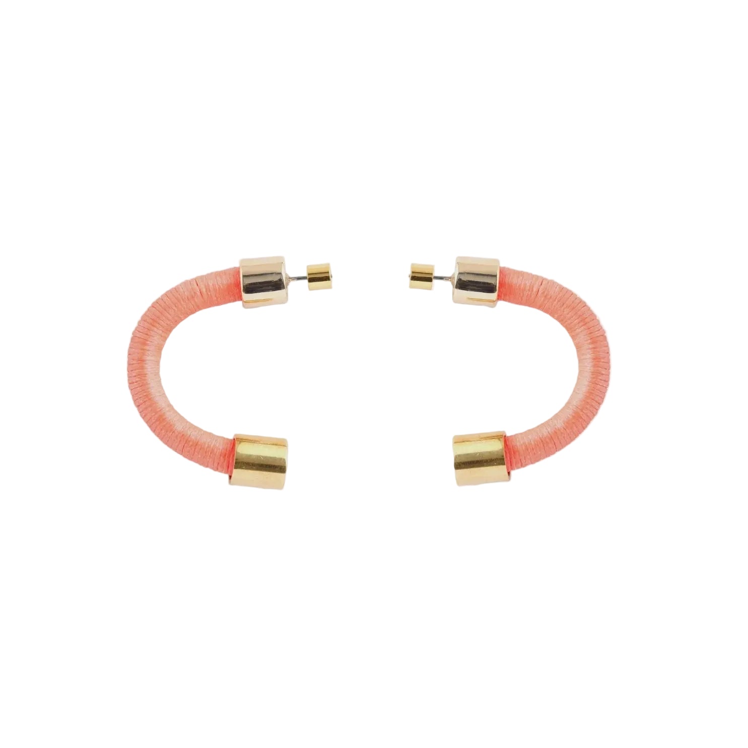 A pair of open-ended hoop earrings with textured coral pink resin bodies and polished gold-tone metal caps, displayed on a clean white background.