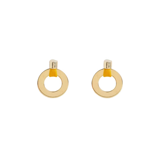 Gold hoop earrings with yellow accents on a white background