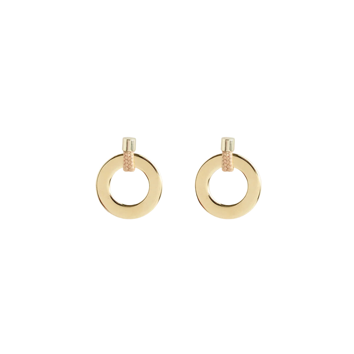 A pair of gold hoop earrings with a small textured rose gold post, shown on a plain white background.