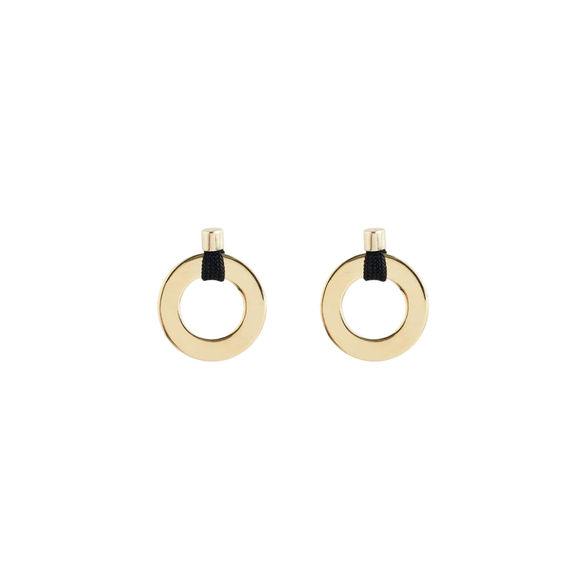 A pair of gold hoop earrings with a small black ribbon detail at the top, shown on a plain white background.