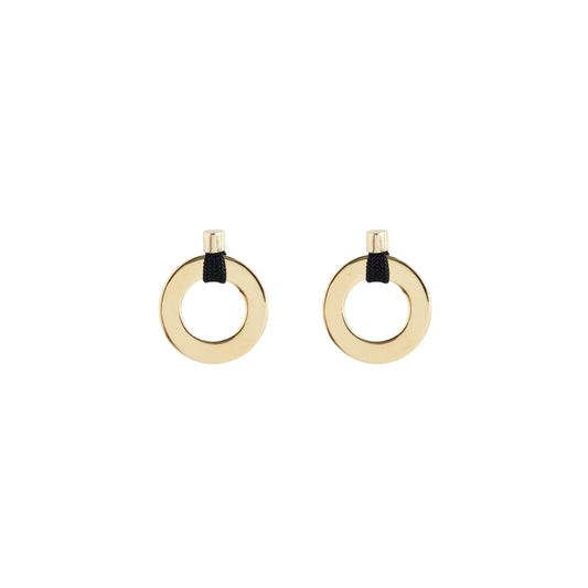 A pair of gold hoop earrings with a small black ribbon detail at the top, shown on a plain white background.
