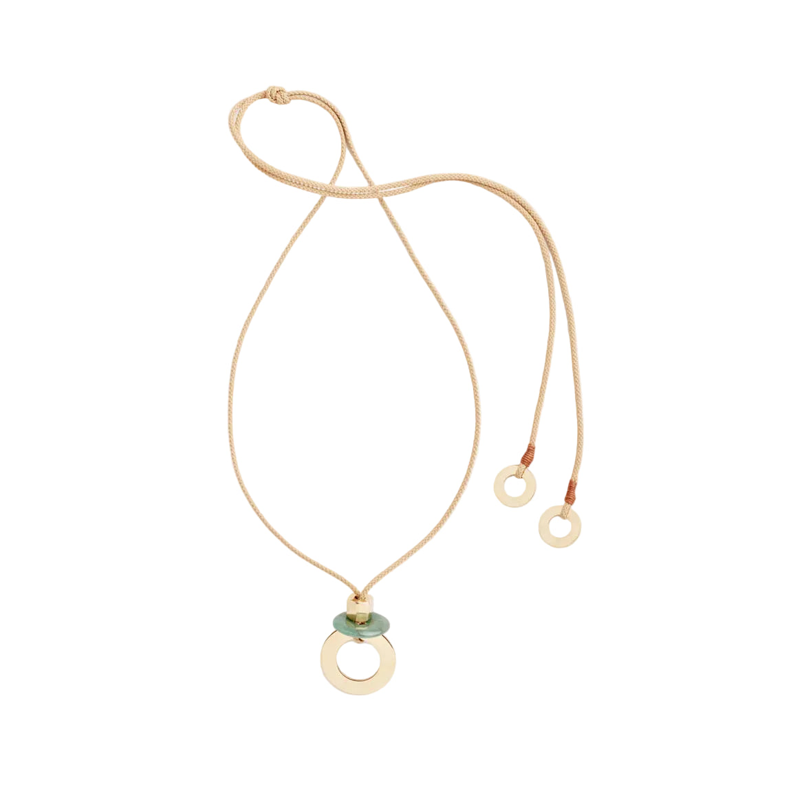 A brass and aventurine pendant necklace with a thin rope and brass disc caps, displayed on a white background.