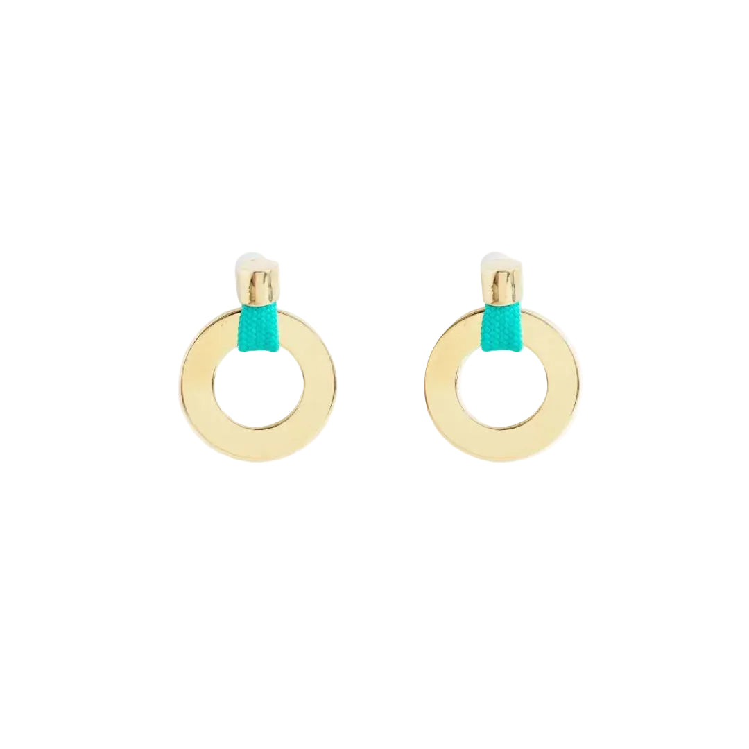 A pair of gold-tone hoop earrings with a small turquoise blue ribbon accent at the top, shown on a plain white background.