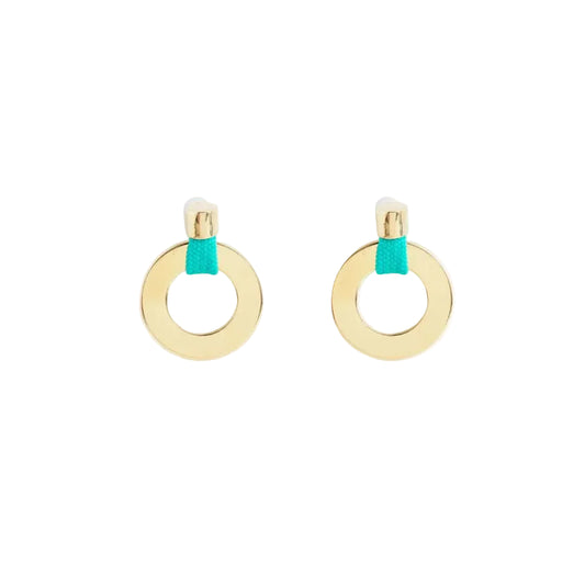 A pair of gold-tone hoop earrings with a small turquoise blue ribbon accent at the top, shown on a plain white background.