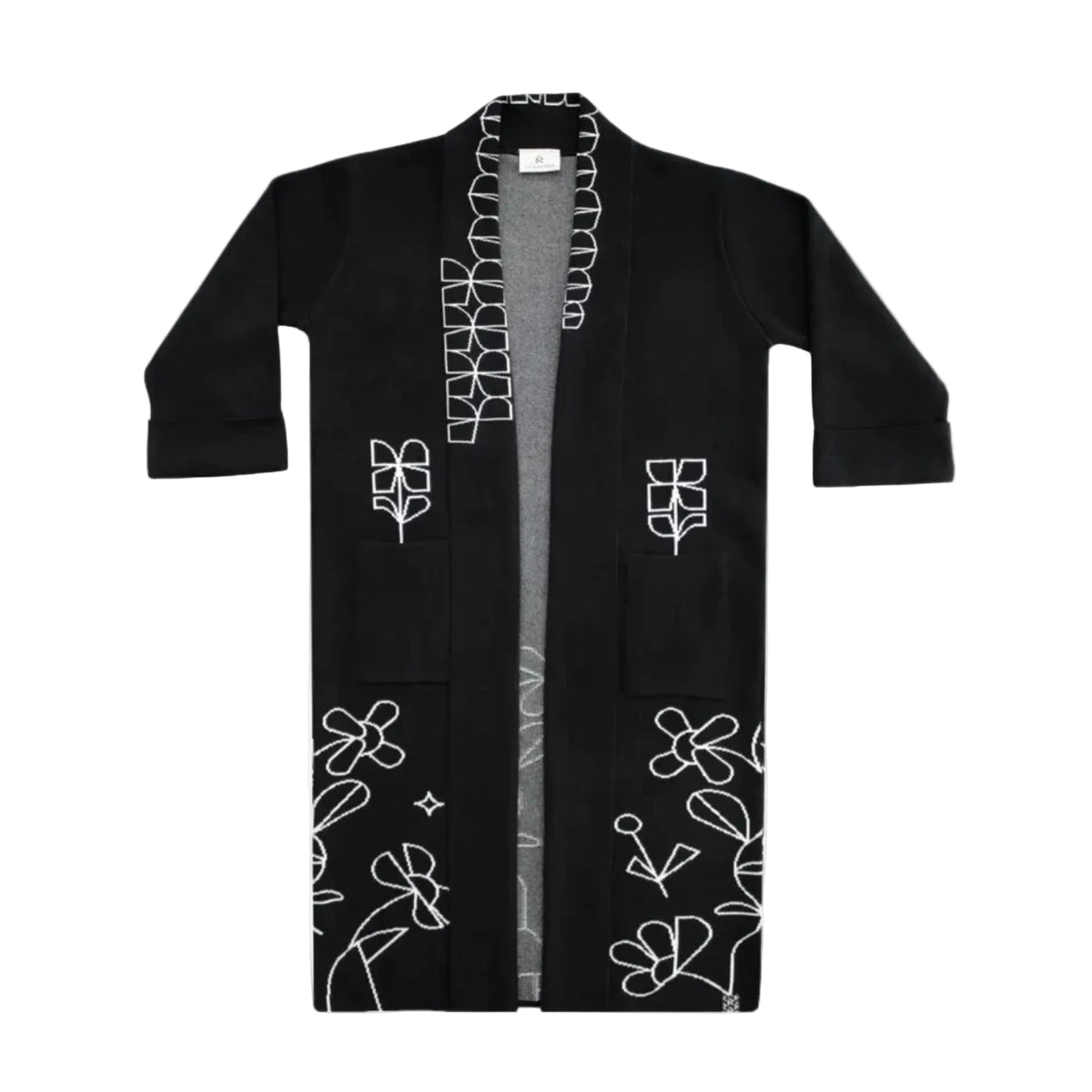 A black open-front Long coat, featuring white line-art floral and geometric embroidery.
