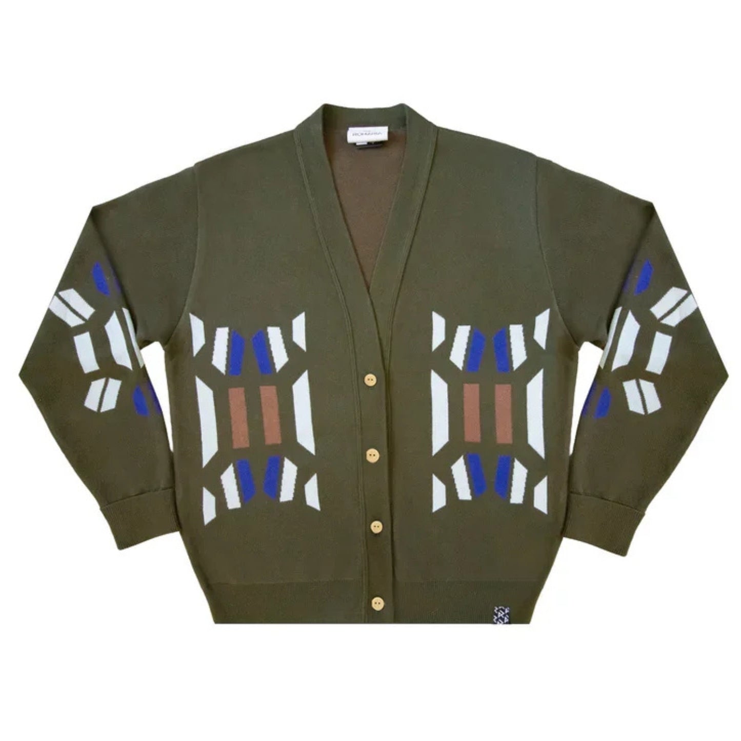 An olive green knit cardigan sweater with geometric patterns in white, blue, and brown on the front and sleeves, featuring gold buttons.