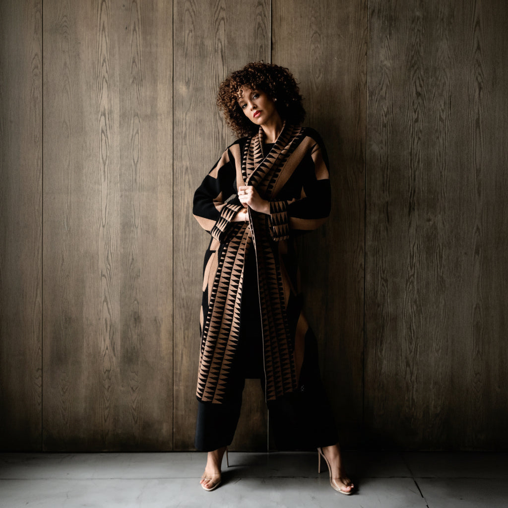 A woman with curly dark hair stands against a dark wood-paneled wall wearing a long open-front cardigan with bold black and tan geometric stripes, black pants, and clear high-heeled sandals.