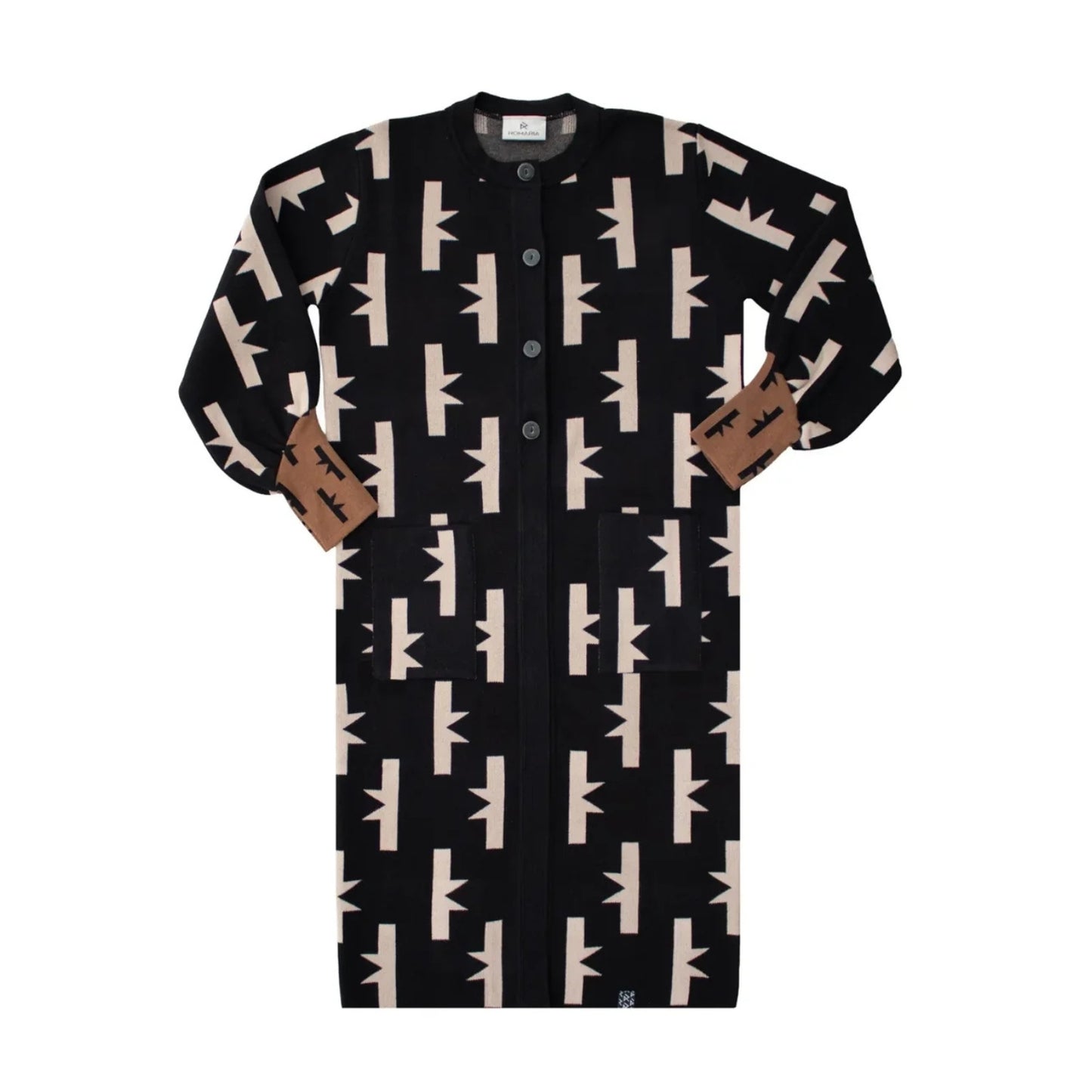 A long-sleeve button-front shirt jacket with an all-over geometric pattern in beige and black, featuring brown leather-like cuff tabs with white text.