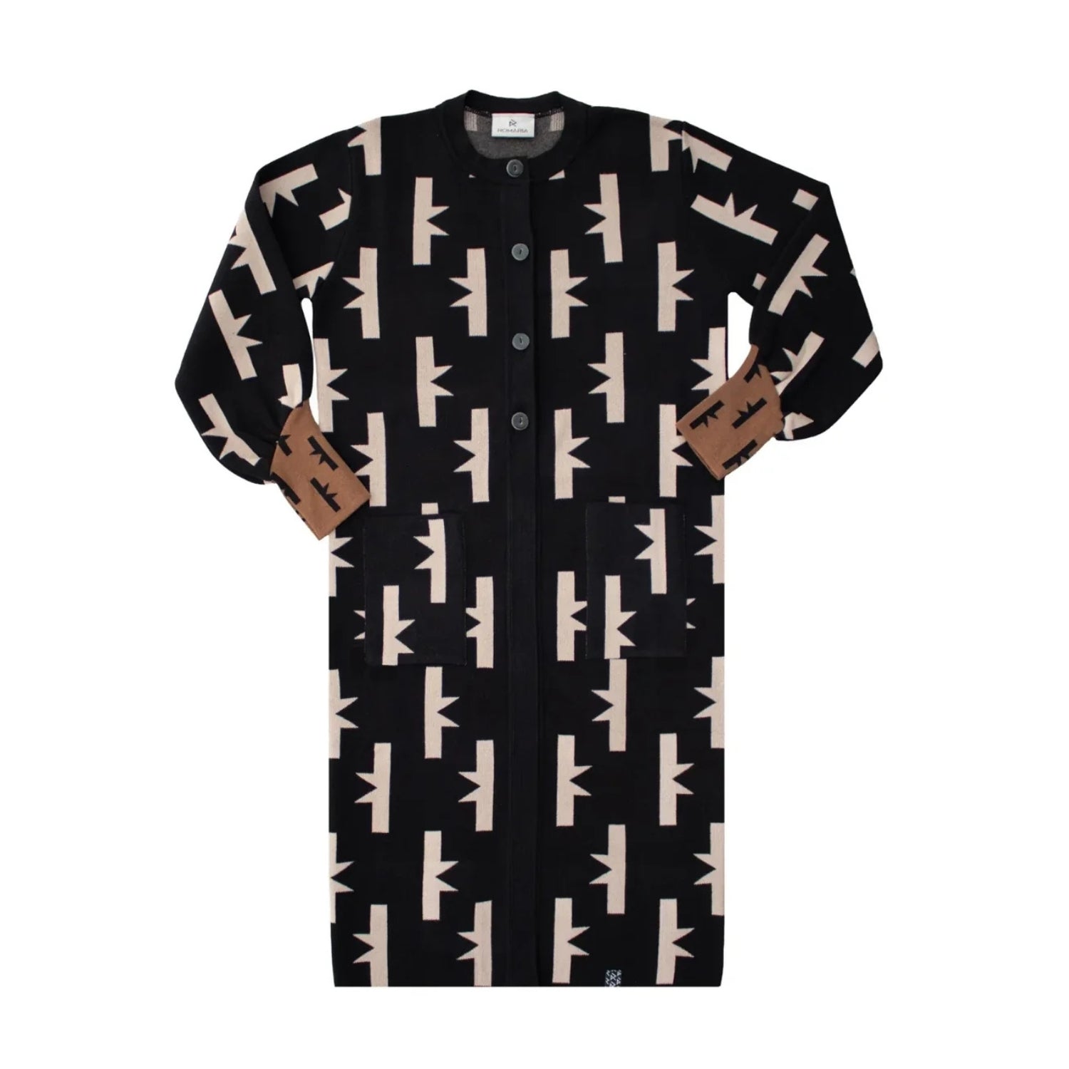A long-sleeve button-front shirt jacket with an all-over geometric pattern in beige and black, featuring brown leather-like cuff tabs with white text.