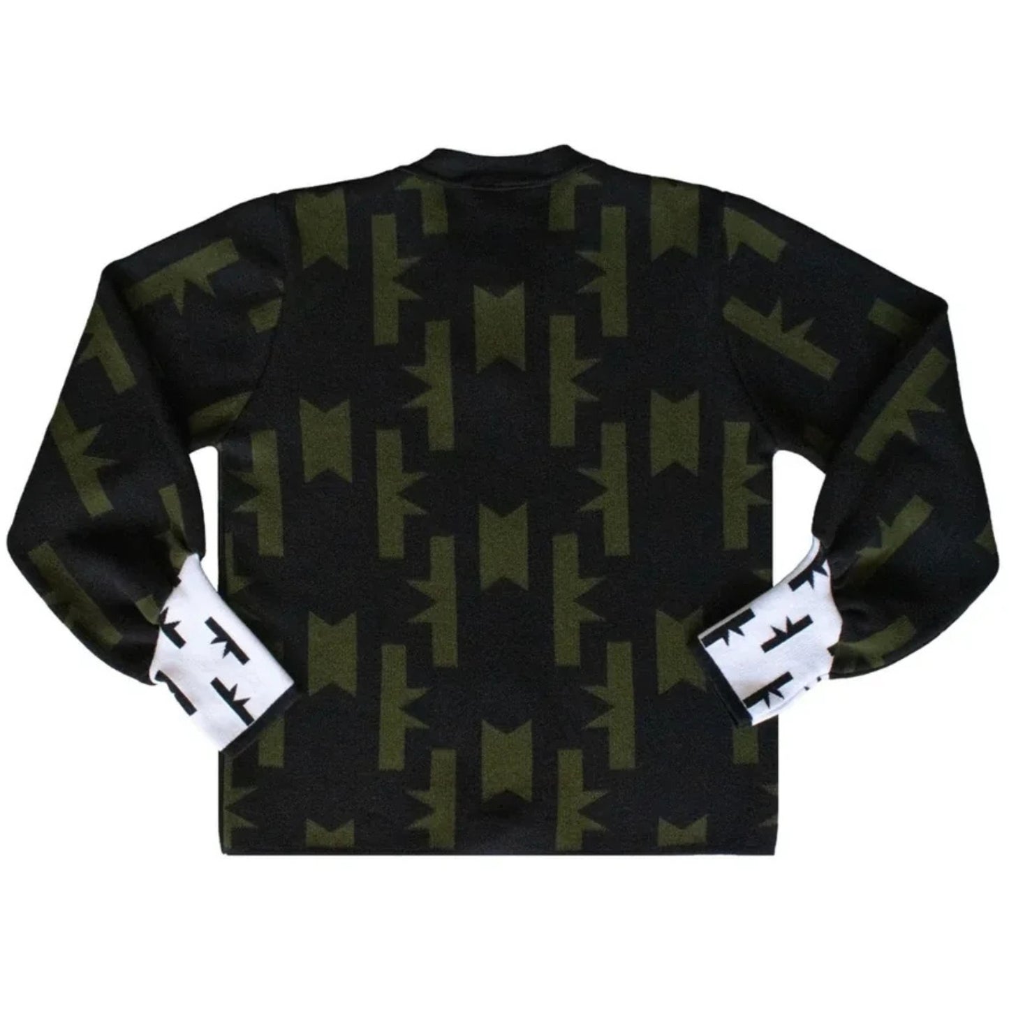 A long-sleeve crewneck sweater shown flat against a white background, featuring a black body with an olive green geometric pattern and white cuffs with black graphic details.