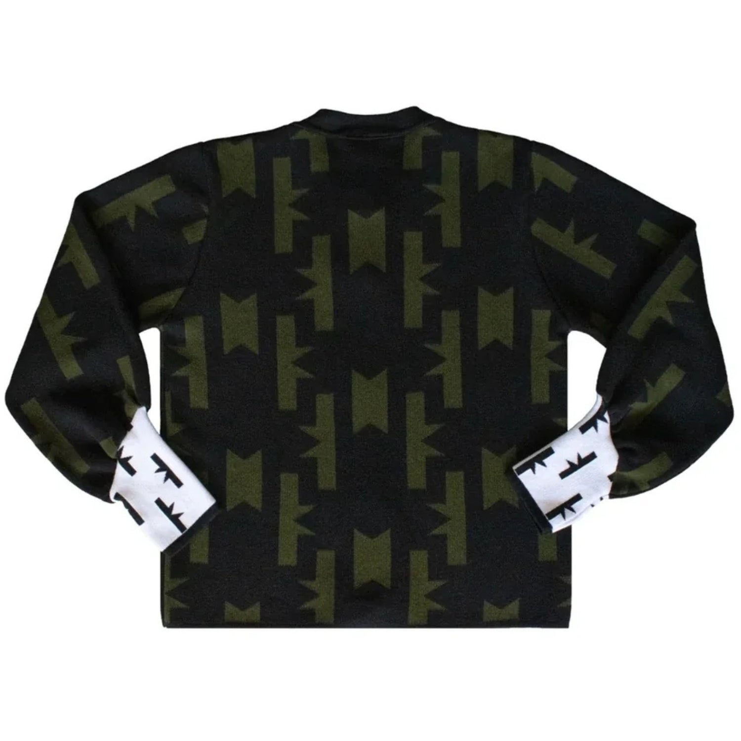 A long-sleeve crewneck sweater shown flat against a white background, featuring a black body with an olive green geometric pattern and white cuffs with black graphic details.