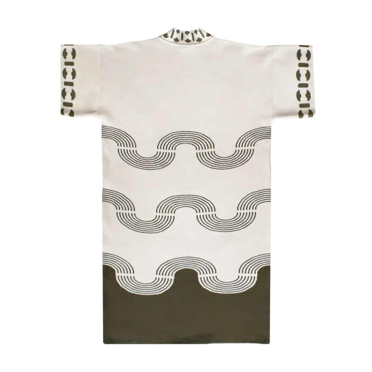 A short-sleeve kaftan tunic with a cream base and olive green patterns, featuring wavy concentric line motifs across the body and on the sleeve cuffs, set against a plain white background.