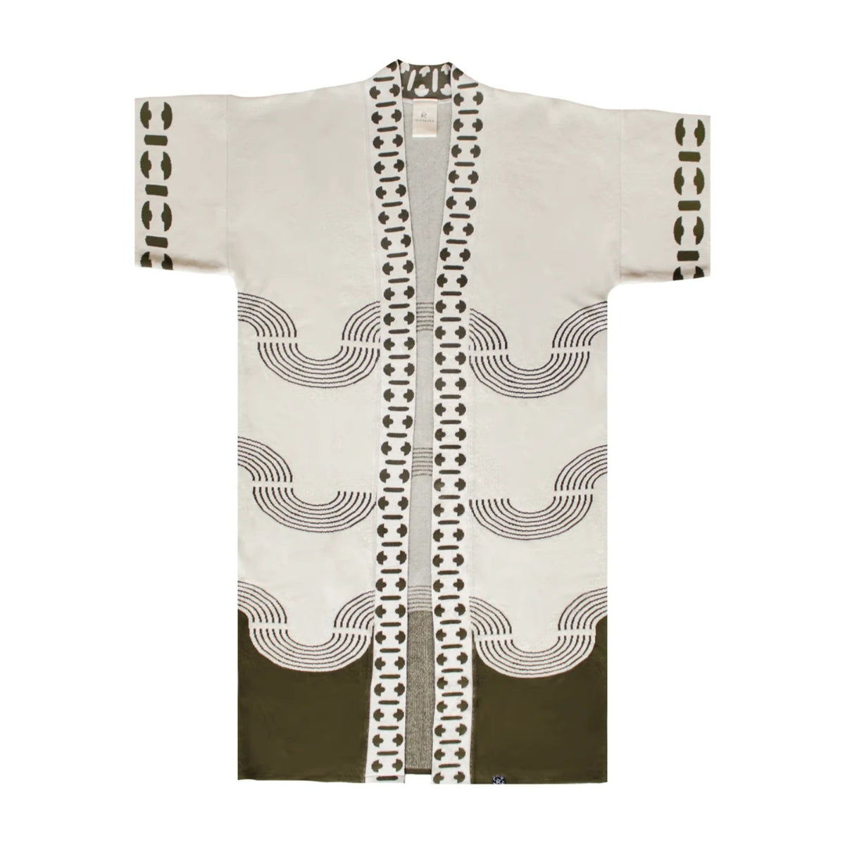 A short-sleeved open-front kimono-style cardigan in off-white, featuring dark brown geometric wave patterns, vertical patterned trim down the front, and dark brown bands at the hem, with matching patterned trim on the sleeves.