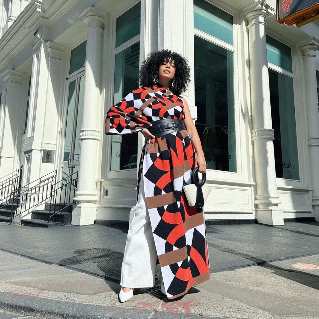 A woman stands on a city sidewalk in front of a large white building with columns, wearing a bold geometric print wrap with orange , black, white, and brown shapes, white wide-leg pants, and a black belt.