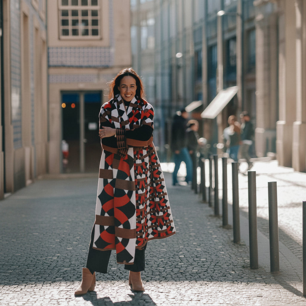 A woman stands on a sunlit cobblestone street wearing a long, patterned knitted scarf with geometric shapes in orange, black, white, and brown. The background shows blurred buildings and pedestrians, creating a warm, outdoor lifestyle atmosphere.