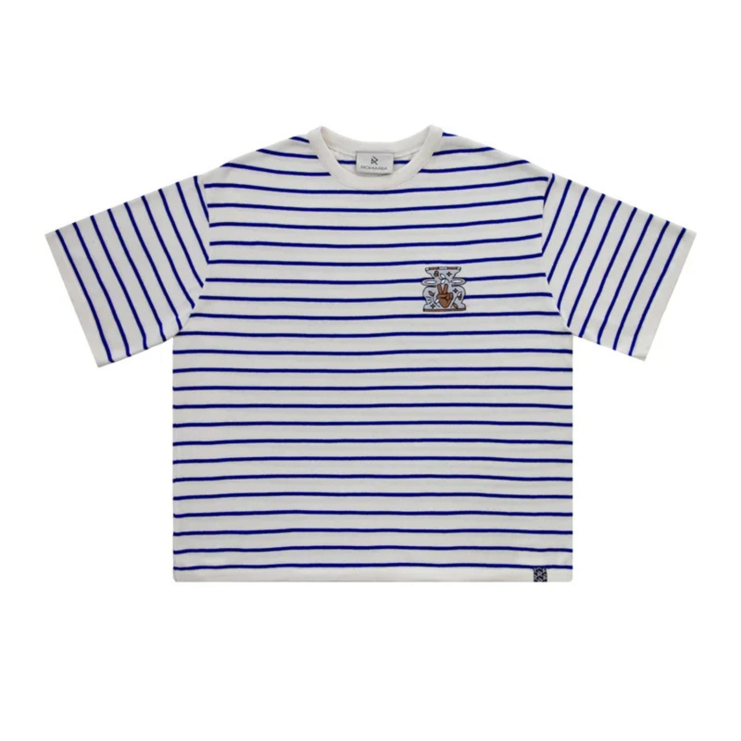 A short-sleeve crewneck t-shirt with horizontal blue and white stripes, featuring a small embroidered crest on the left chest.