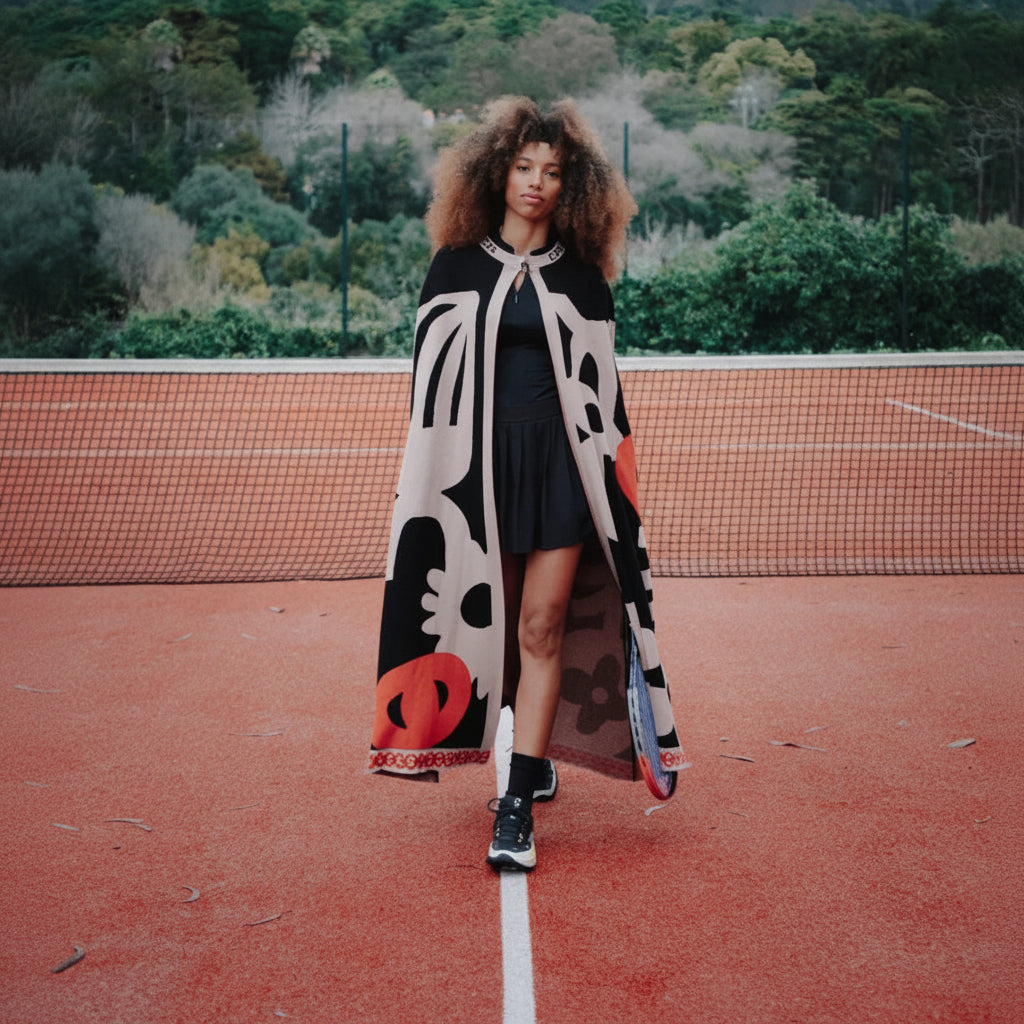 A woman stands on a red tennis court wearing a black dress and a large abstract patterned cape in black, cream, and red, with hills and trees in the background.