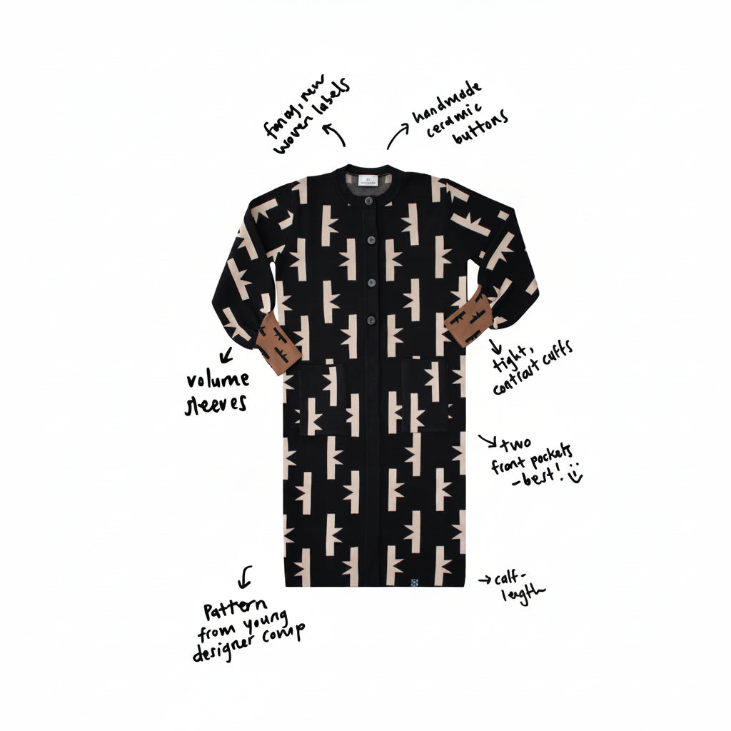 Black shirt with beige pattern and text annotations on a white background