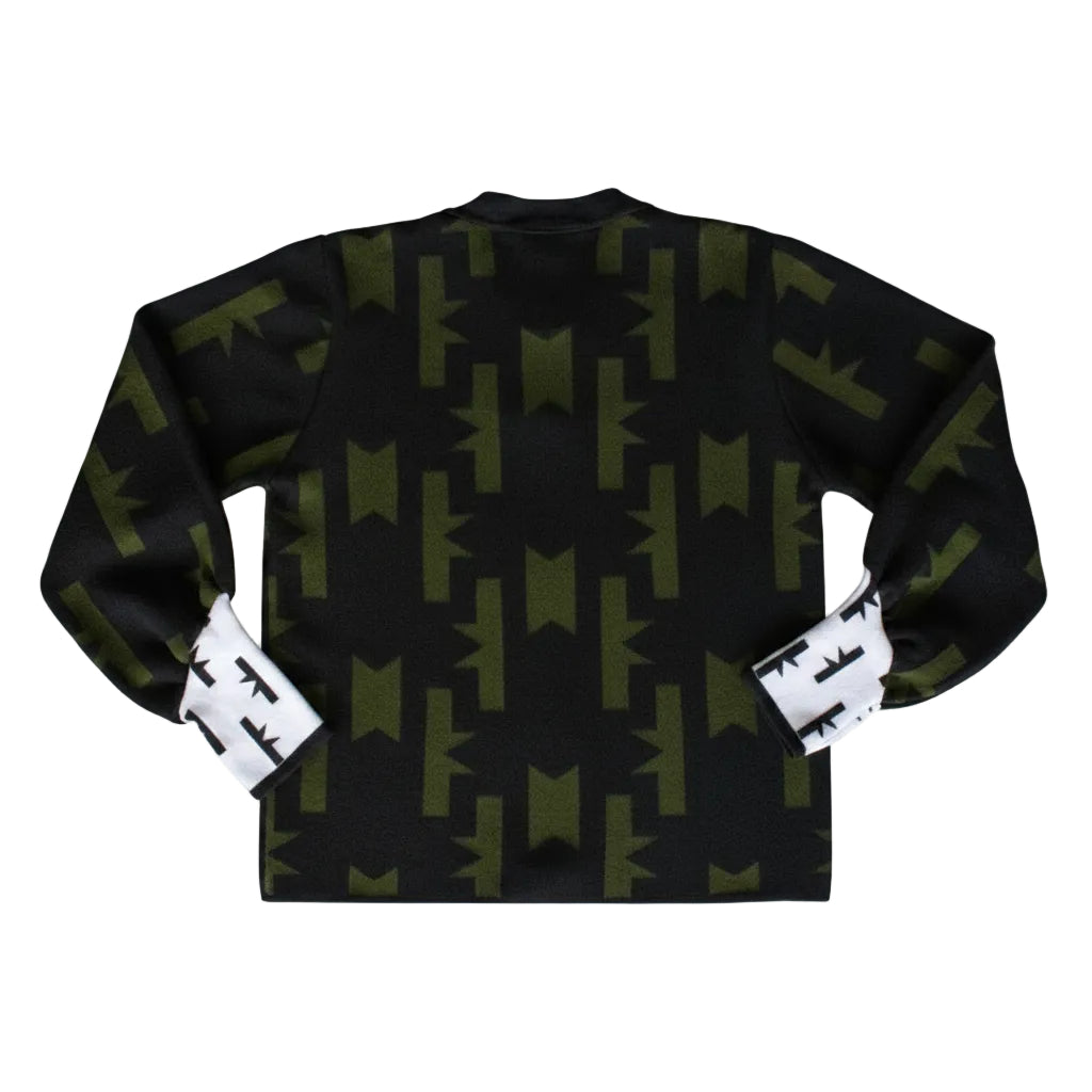 A long-sleeve crewneck sweater shown from the back, featuring a black base with an olive green geometric pattern and contrasting white cuffs with black graphic details.