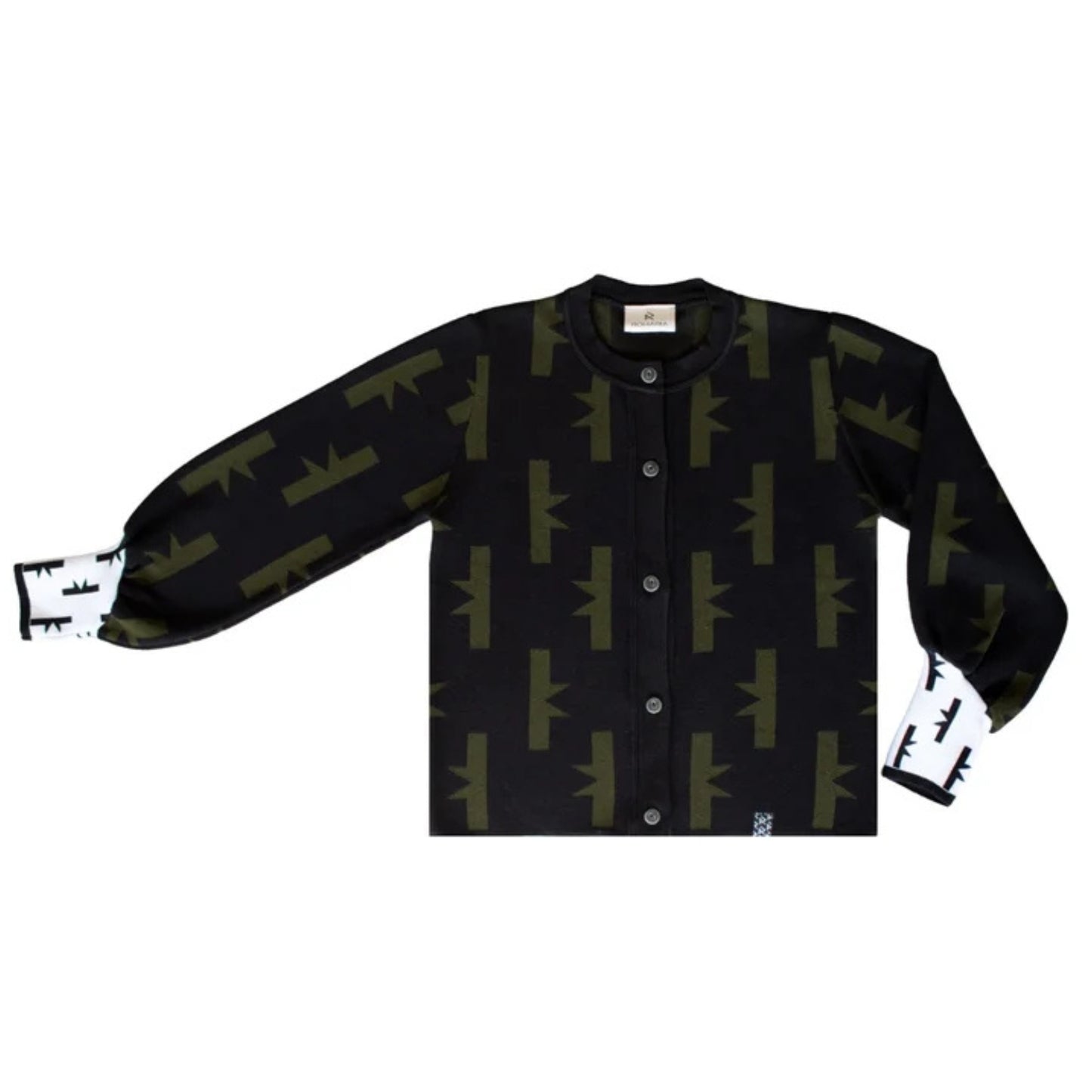 A black long-sleeve button-up cardigan featuring an all-over olive green geometric pattern, displayed flat against a solid white background.
