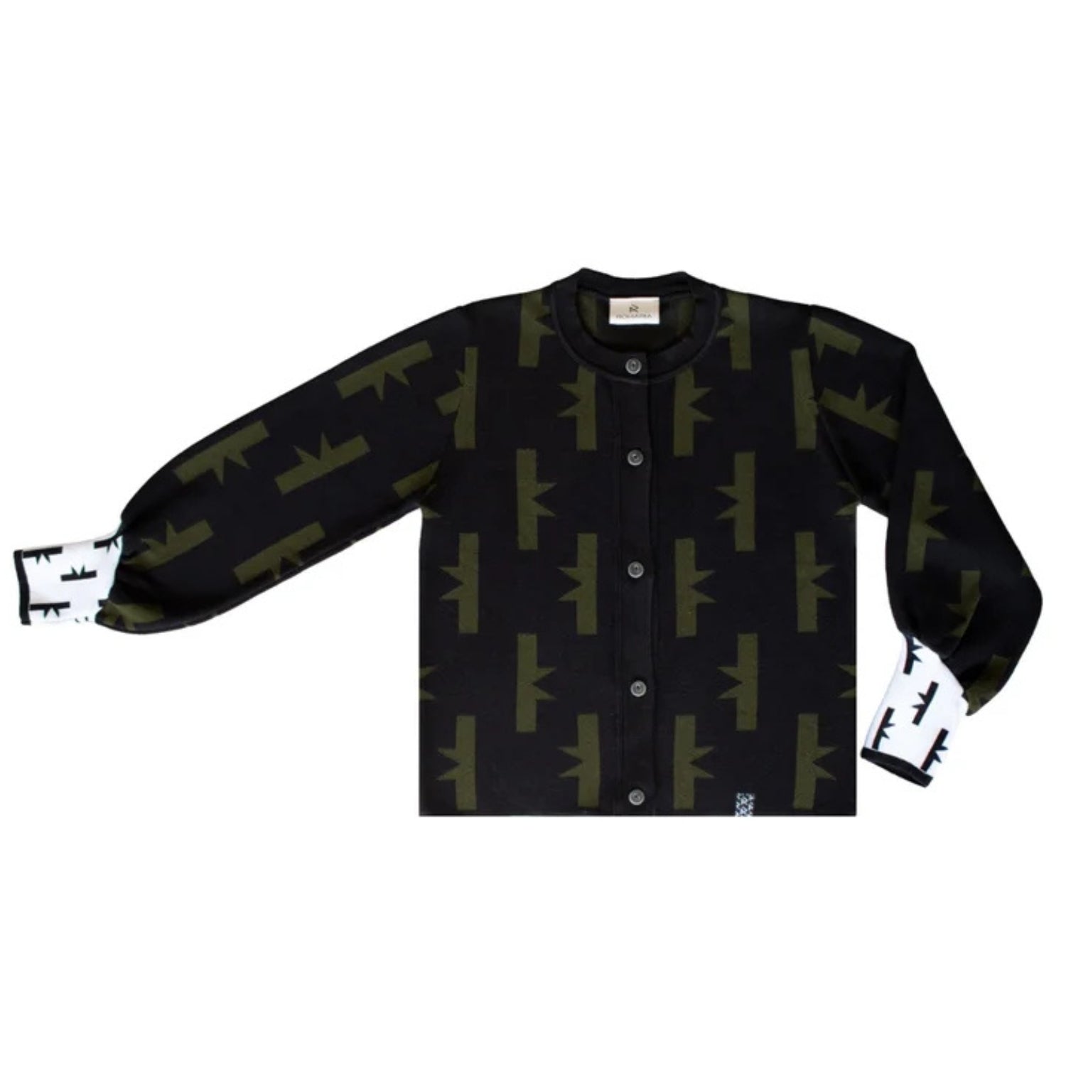 A black long-sleeve button-up cardigan featuring an all-over olive green geometric pattern, displayed flat against a solid white background.