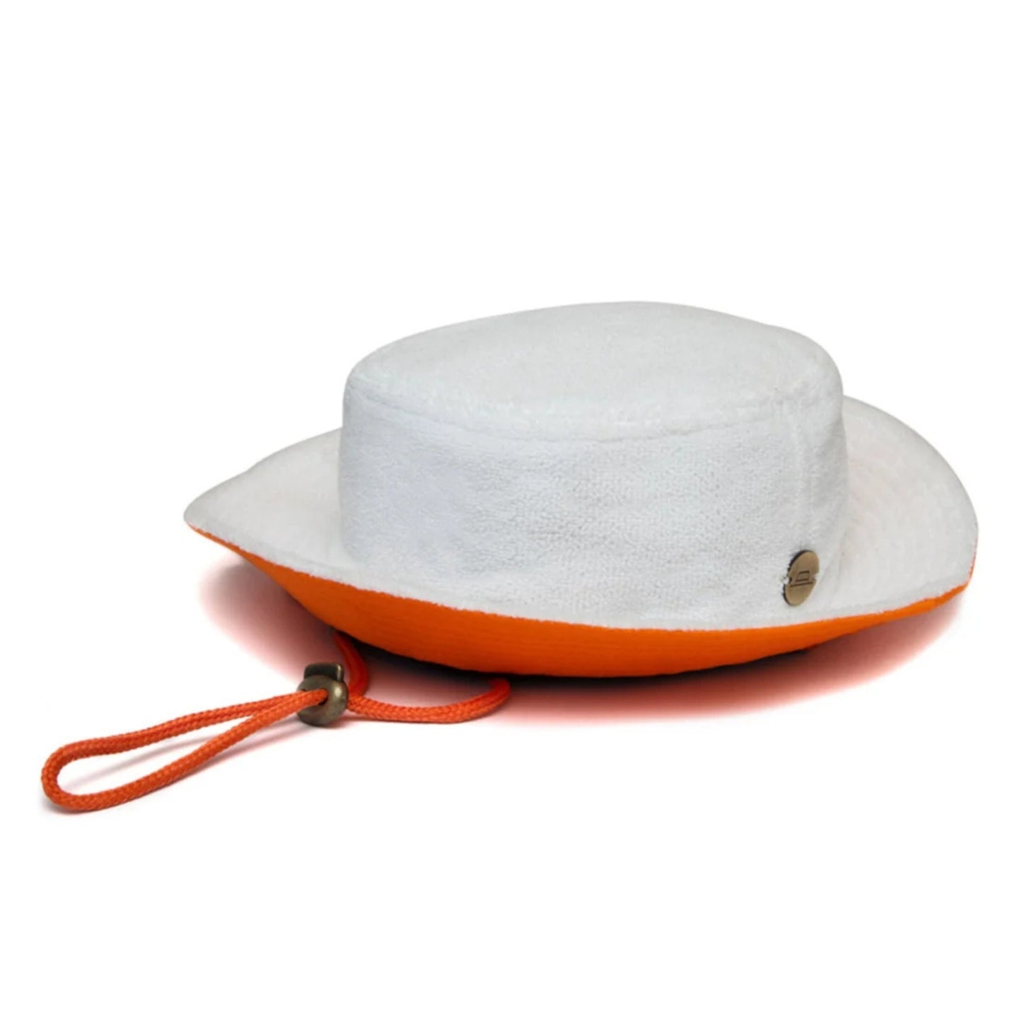 A white wide-brimmed sun hat with a bright orange underside and matching orange chin strap.