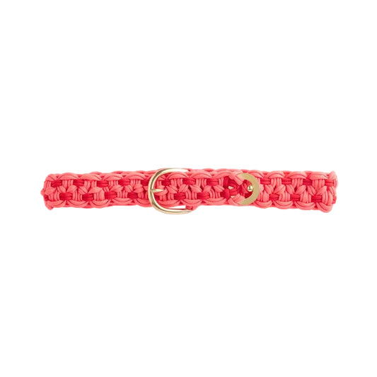 Pink woven belt with a gold buckle on a white background