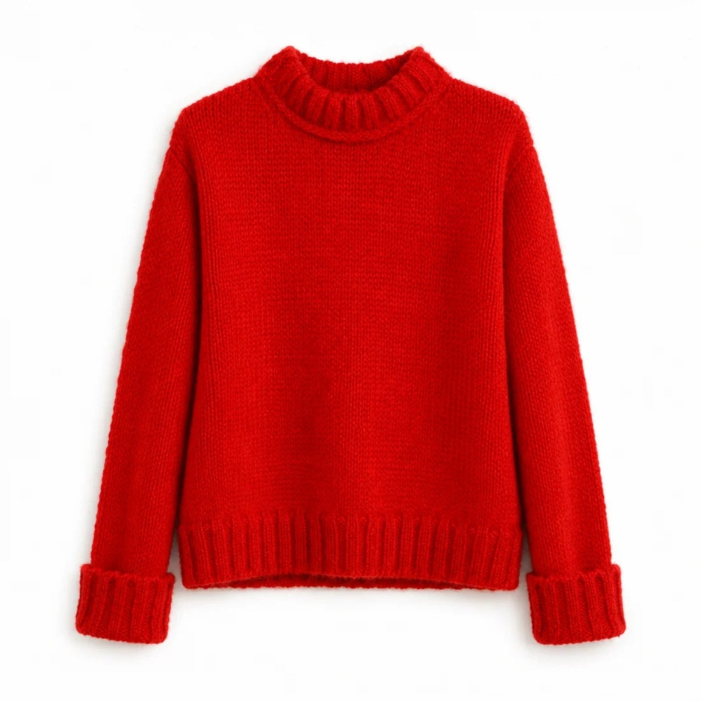 A bright red Mohair knit mock neck sweater with long sleeves and ribbed cuffs.