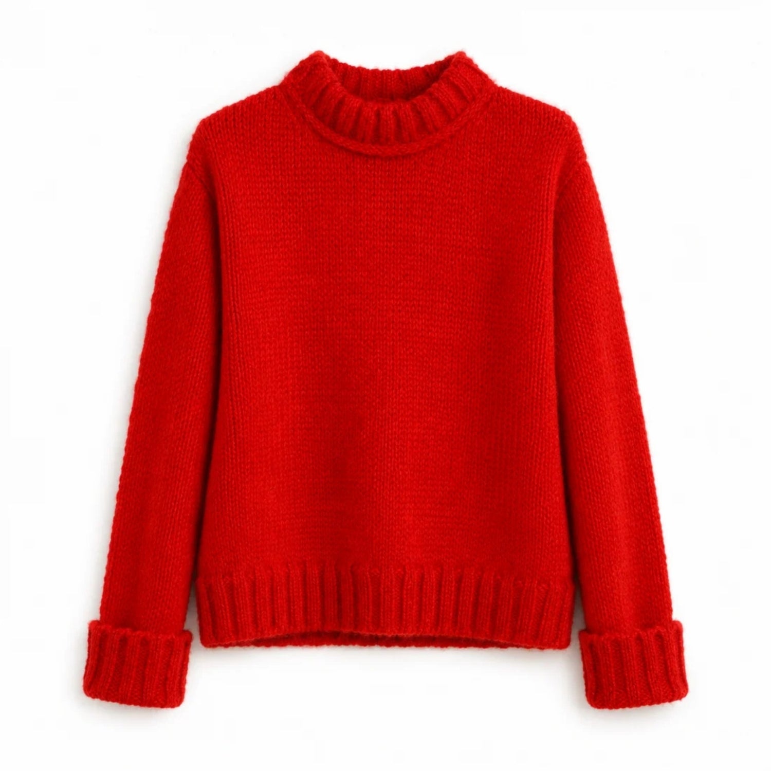 A bright red Mohair knit mock neck sweater with long sleeves and ribbed cuffs.