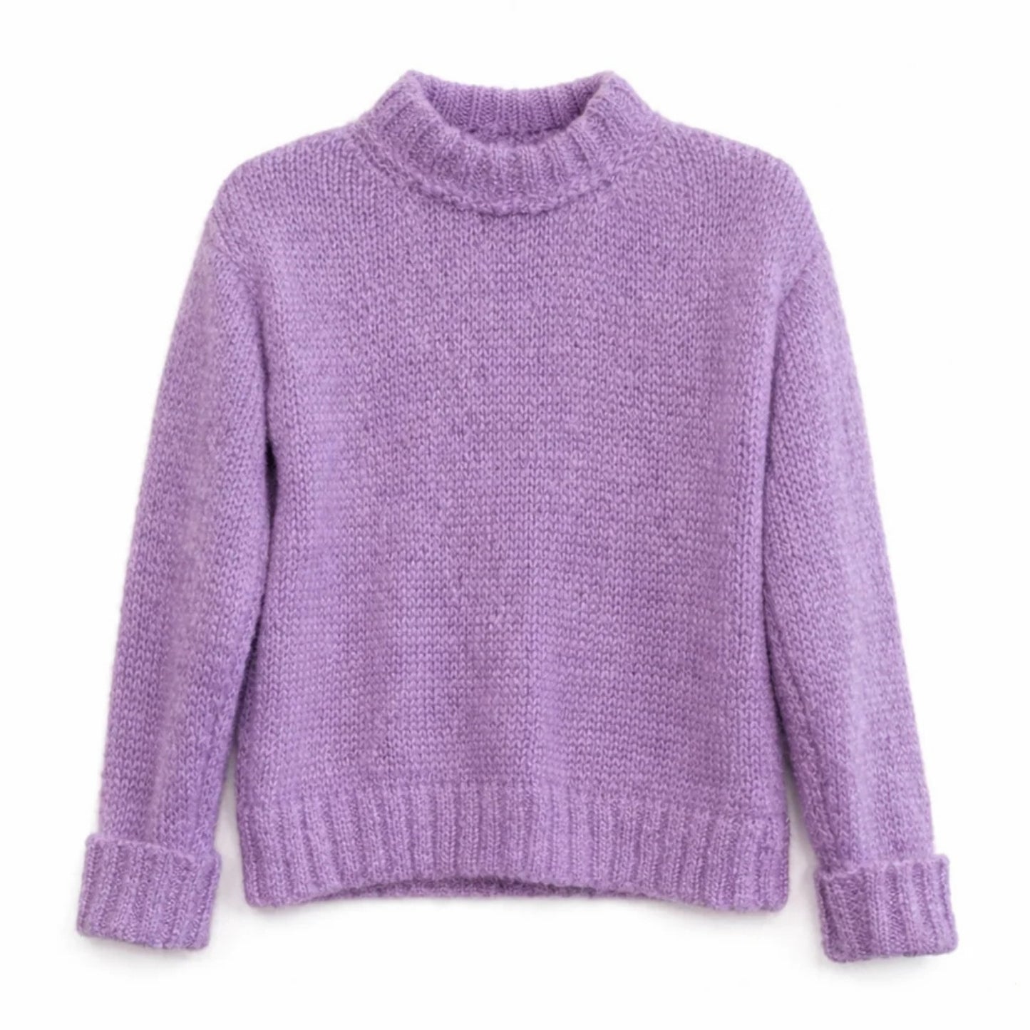 A light purple Mohair knit mock neck sweater with long sleeves and ribbed cuffs.