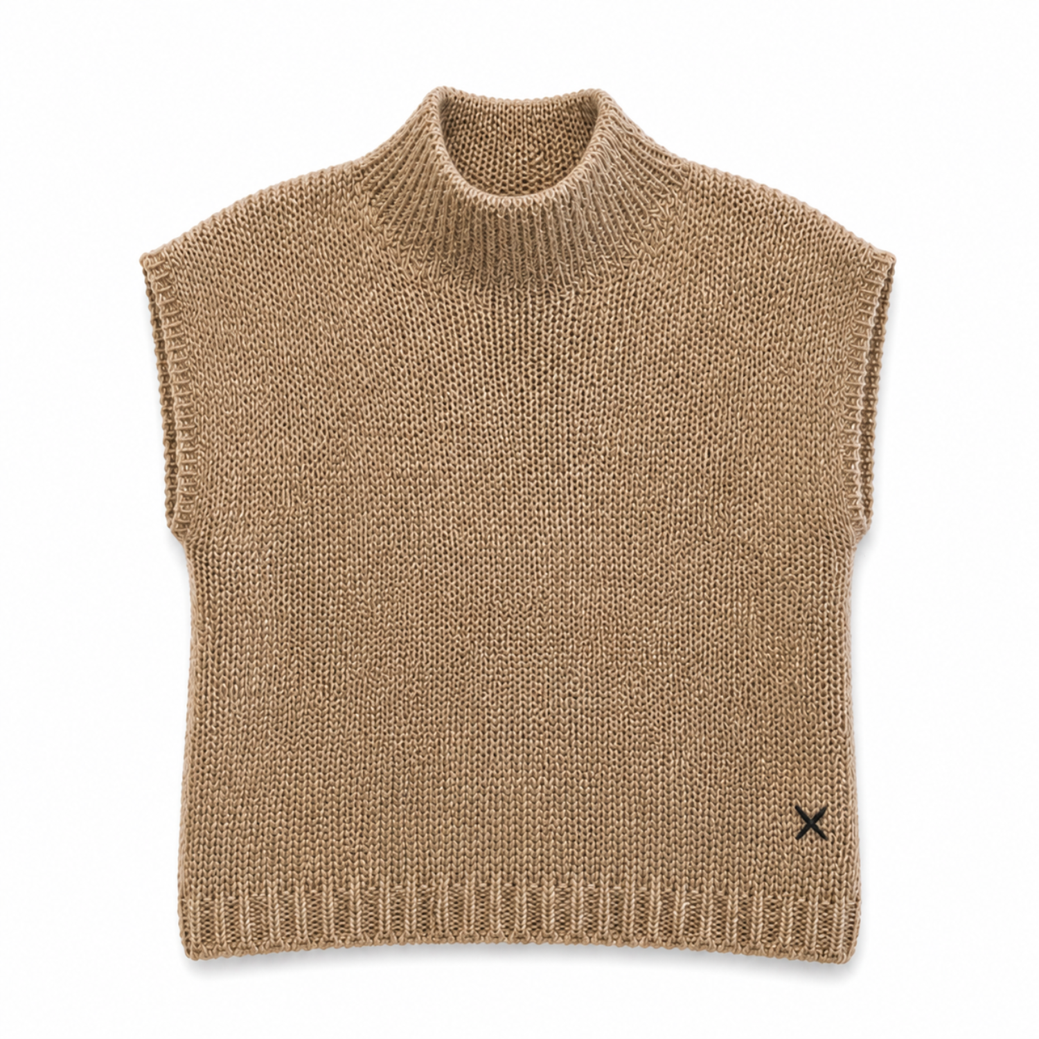 A sleeveless, ribbed-knit mock neck sweater vest in a warm camel brown color, featuring a small black embroidered 'X' logo on the bottom right hem.