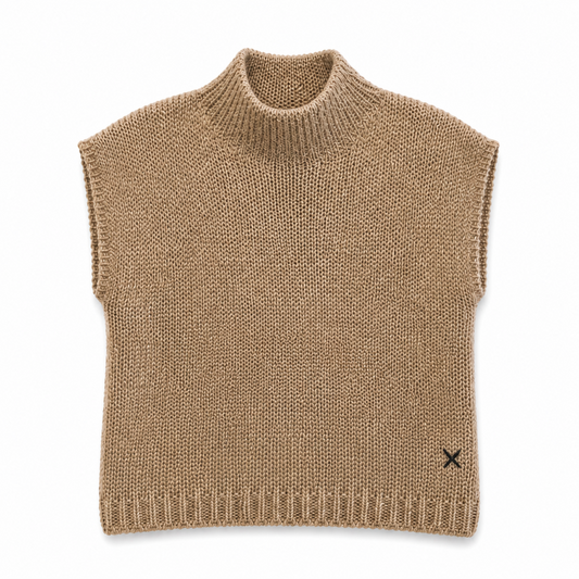A sleeveless, ribbed-knit mock neck sweater vest in a warm camel brown color, featuring a small black embroidered 'X' logo on the bottom right hem.